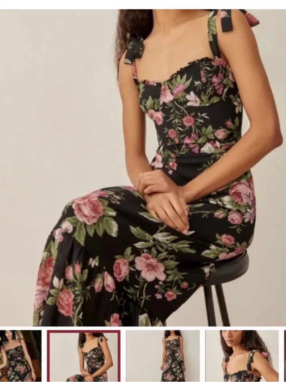 Reformation Nikita Dress Floral Tie-Shoulder Maxi - Black with Pink Roses